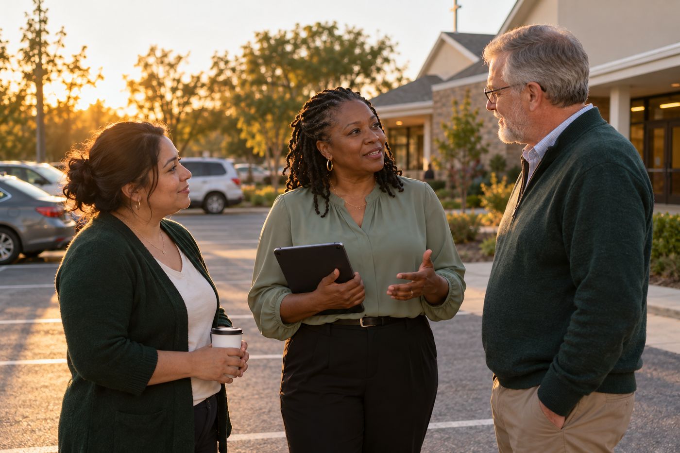 A SafeParkingZone organizer talking with a church member and a volunteer in a parking lot at sunset